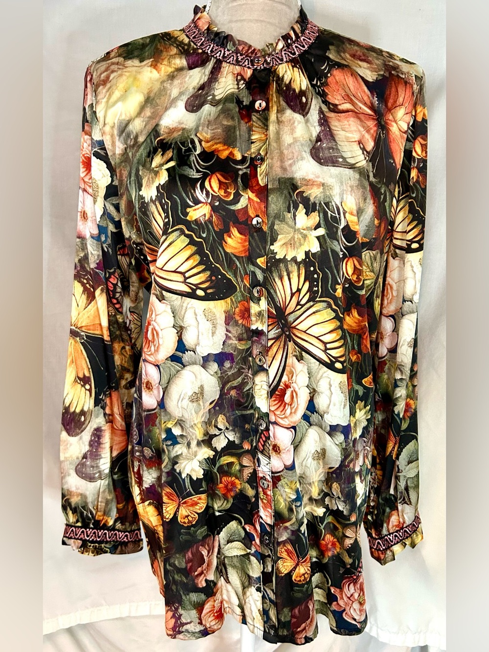 Johnny Was Yoella Teyros Butterfly Print Silk Blend Scarf Tunic, Size L